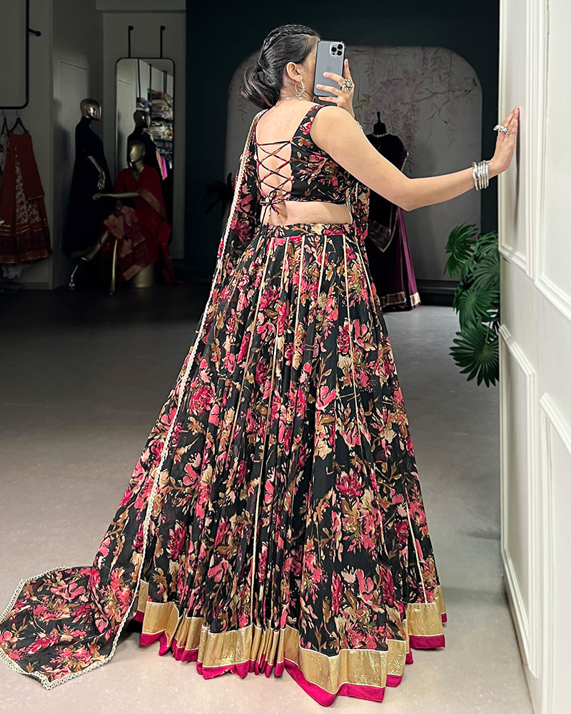 Exquisite Black Color Chiffon Digital Printed Lehenga Choli - ETHNICDEAL