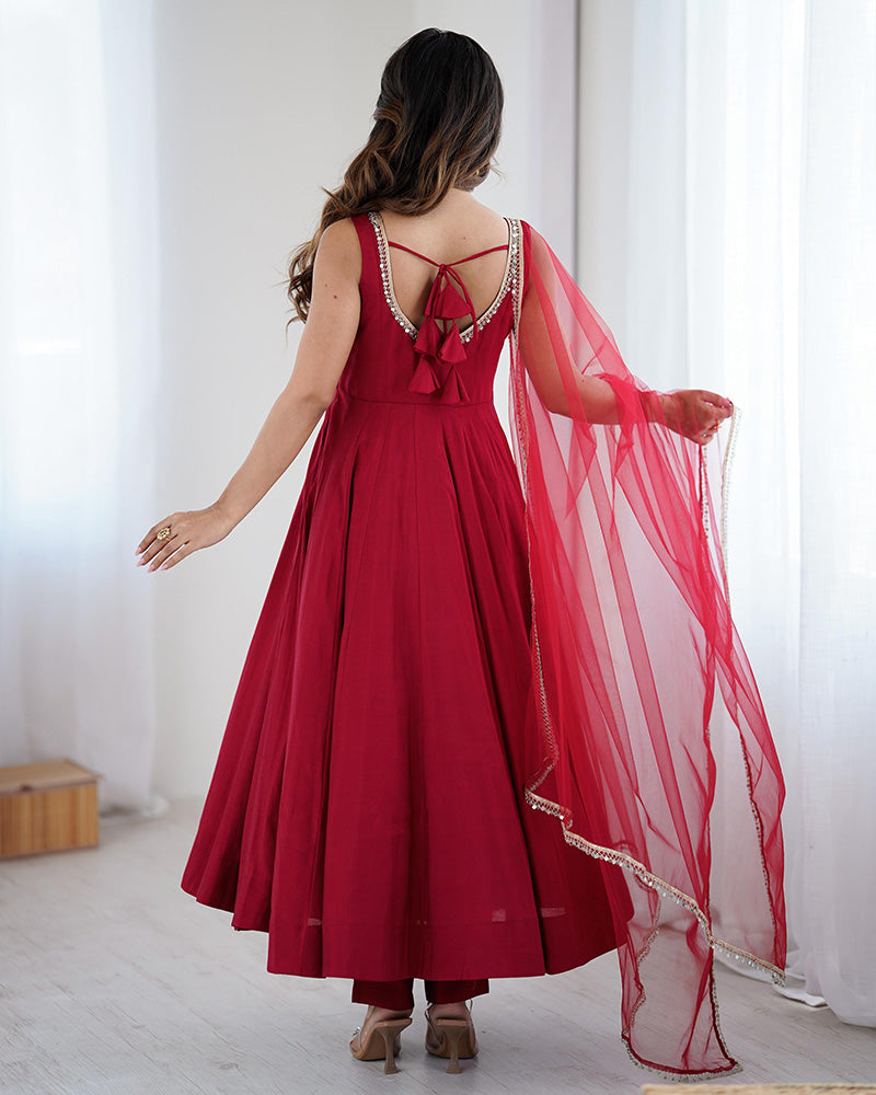 Maroon Chanderi Silk Anarkali Suit – Elegant Pure Roman Silk Party Wear - ETHNICDEAL