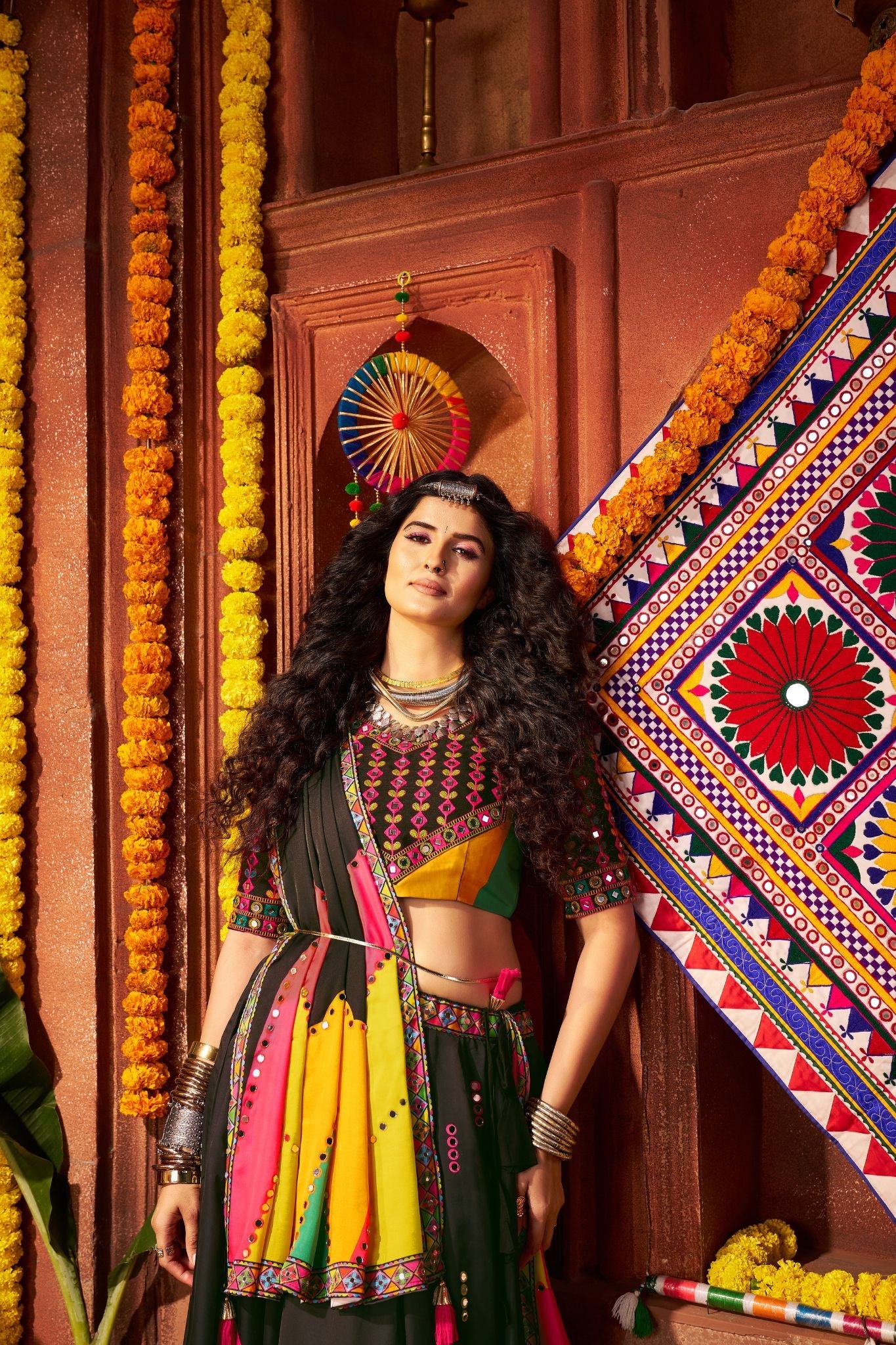 Designer Black Navratri Lehenga Choli Print With Mirror And Embroidery Work - ETHNICDEAL