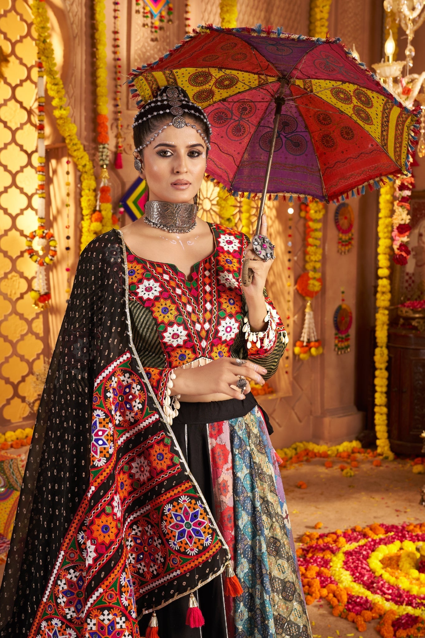 Navratri Designer Viscose Rayon Stylish Thread Embroidered With Mirror Work Festive Lehenga Choli - ETHNICDEAL