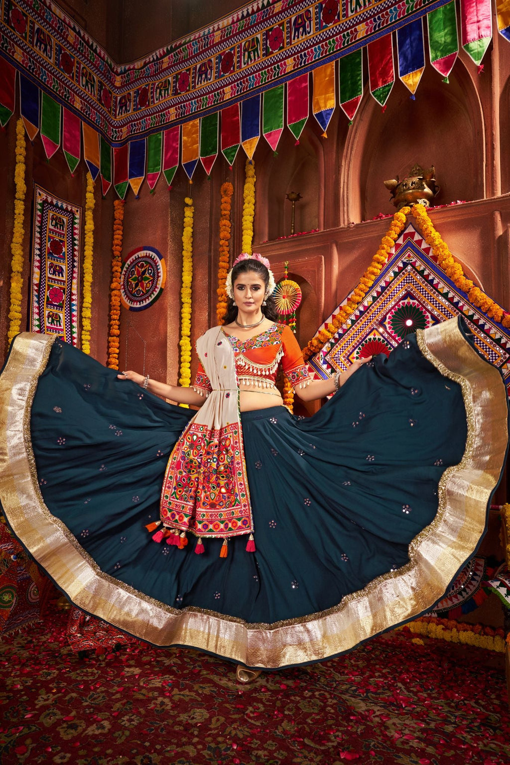 Teal Blue Designer Festive Lehenga Choli In Viscose Cotton And Perfect For Dandiya Nights - ETHNICDEAL