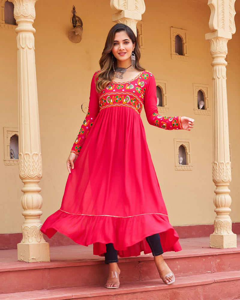 Designer Red Pure Rayon Embroidered Kurti for Navratri Festival - ETHNICDEAL
