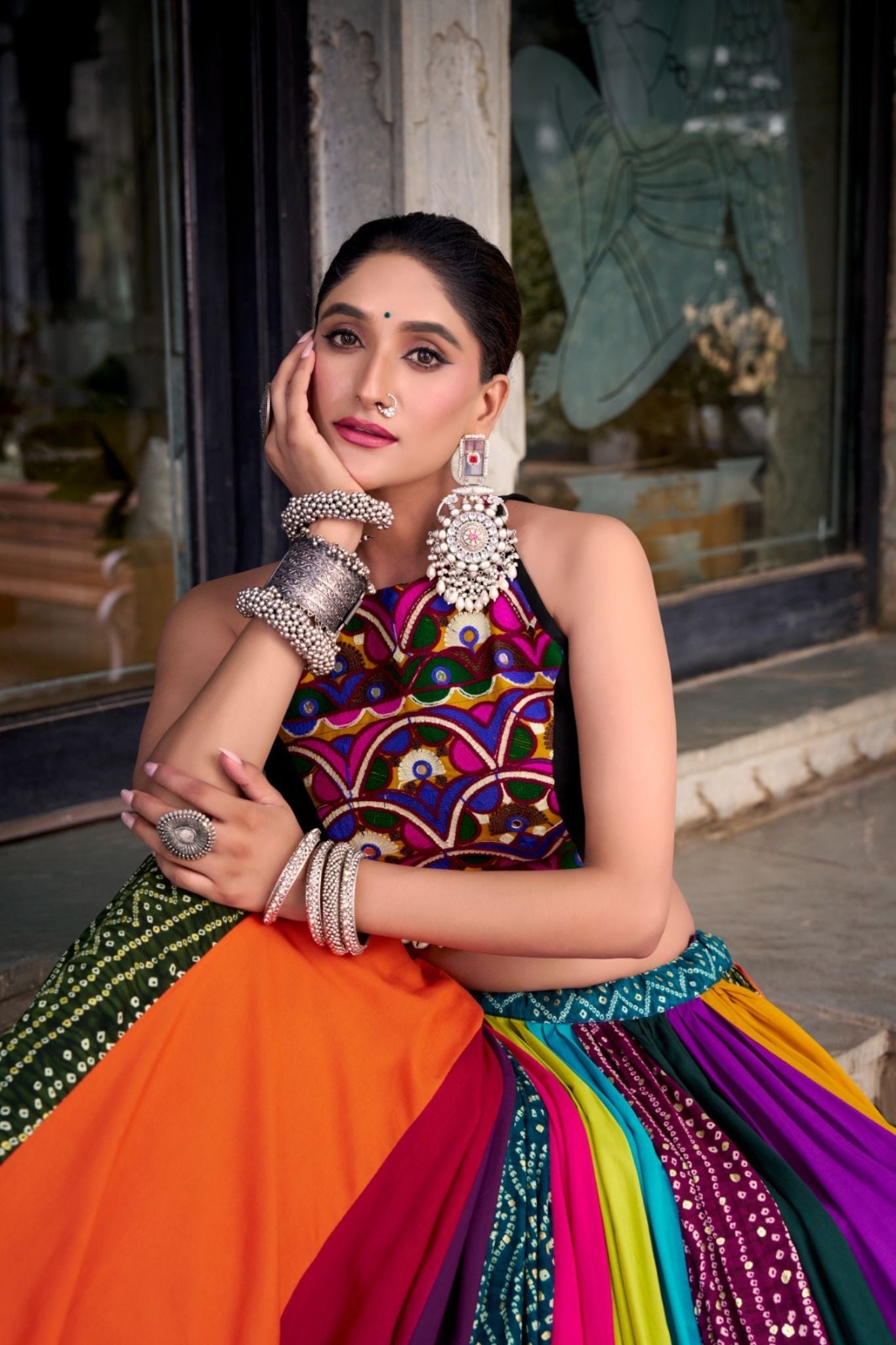 Rainbow Designer Pre Rayon Original Mirror With Gamthi Work Navratri Lehenga Choli - ETHNICDEAL