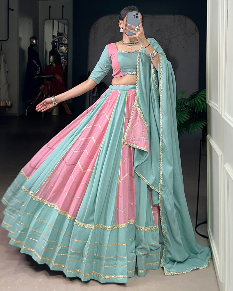 Elegant Dual-Tone Sky And Light Pink Navtratri Lehenga Choli - ETHNICDEAL