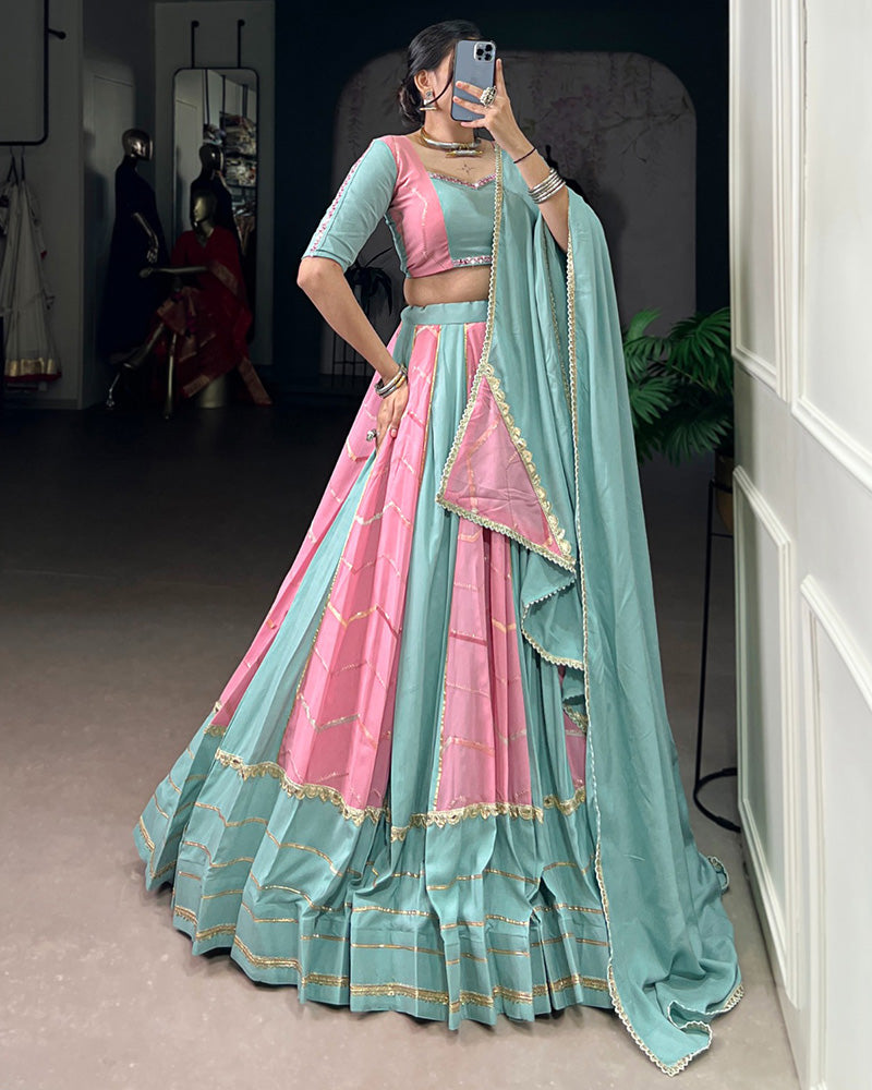 Elegant Dual-Tone Sky And Light Pink Navtratri Lehenga Choli - ETHNICDEAL