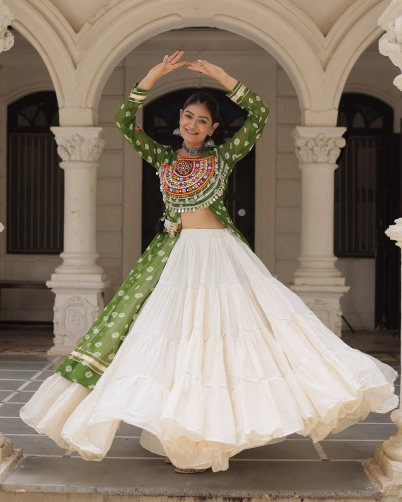 Parrot Green Color Bandhani Print Kurti With Kora Cotton Lehenga - ETHNICDEAL