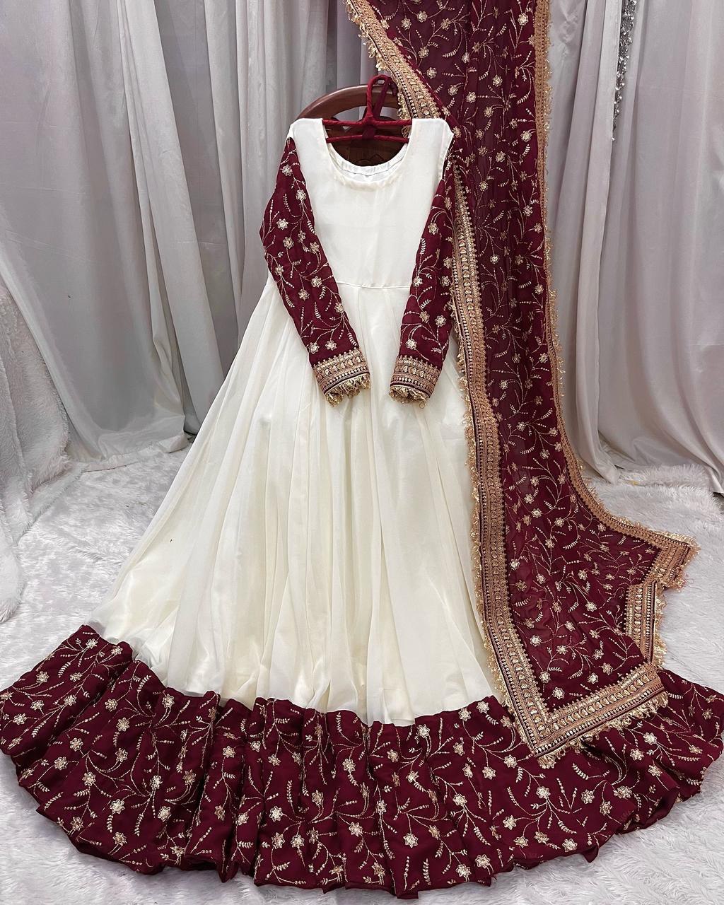 Exquisite White Chinon Silk Thread Sequins Worked Suit With Dupatta - ETHNICDEAL