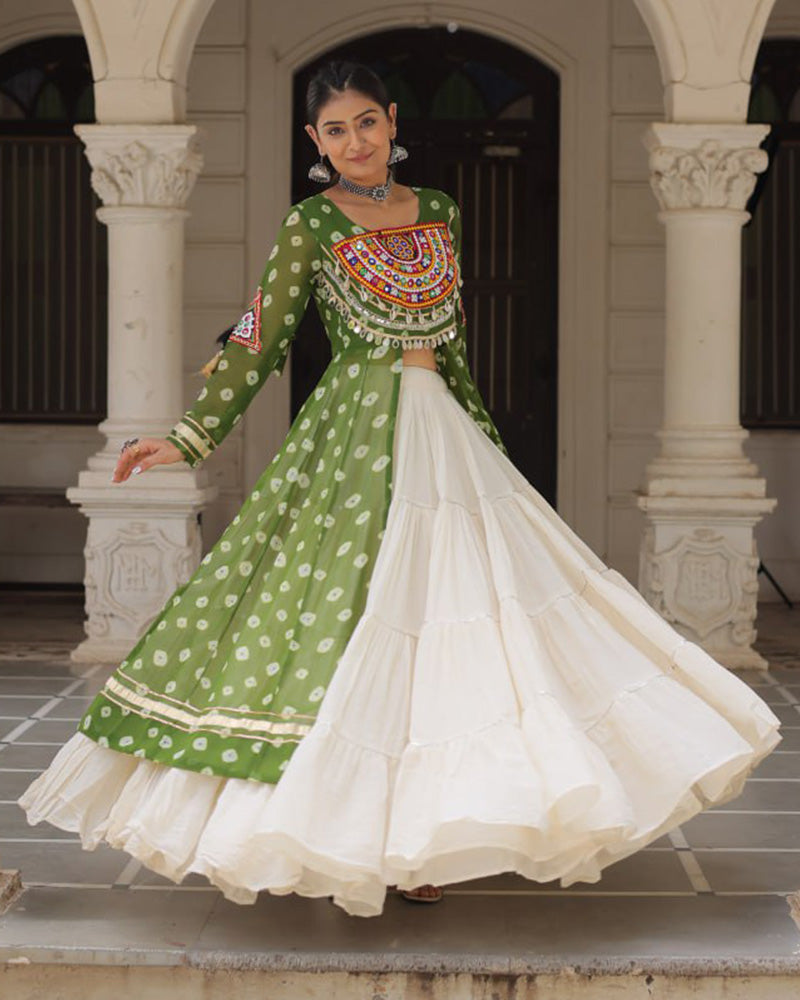 Parrot Green Color Bandhani Print Kurti With Kora Cotton Lehenga - ETHNICDEAL