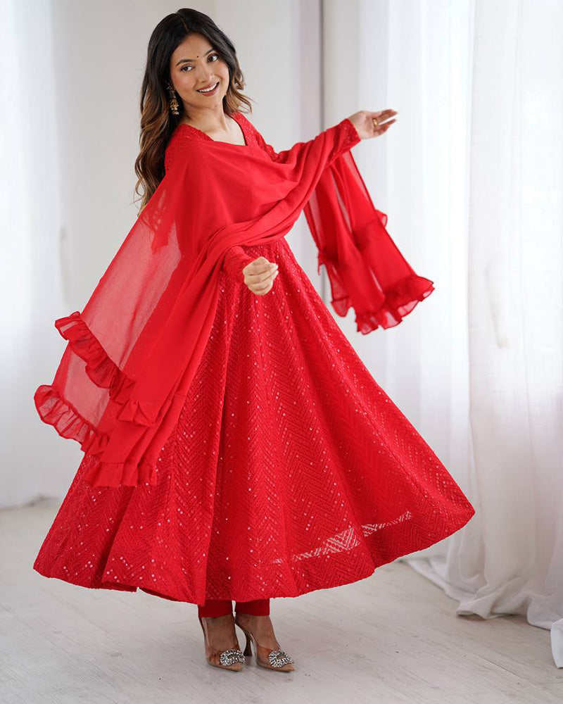 Red Color Georgette Lucknowi Three Piece Anarkali Suit - ETHNICDEAL