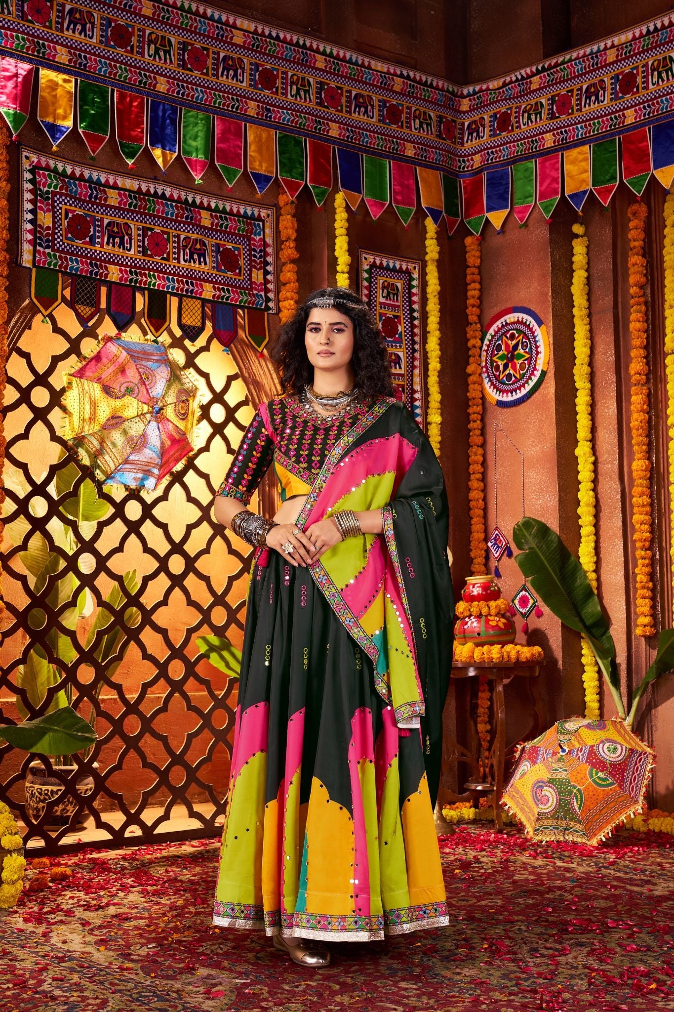 Designer Black Navratri Lehenga Choli Print With Mirror And Embroidery Work - ETHNICDEAL