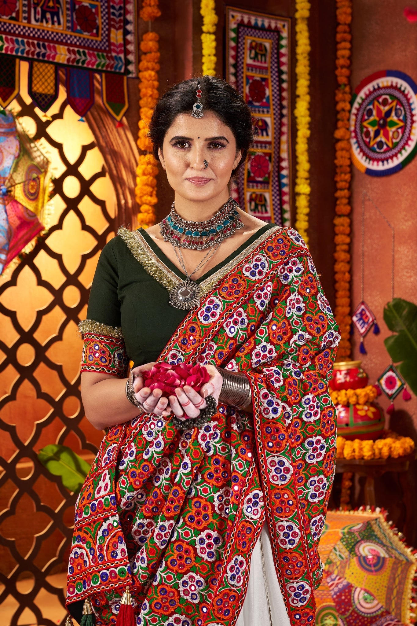Beautiful White Designer Silk Navratri Special Lehenga Choli Set - ETHNICDEAL