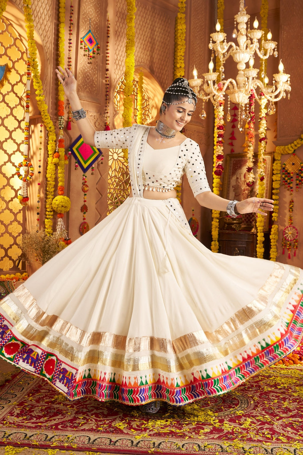 Viscose Rayon Thread Embroidered With Mirror Work Readymade Navratri Lehenga Choli - ETHNICDEAL
