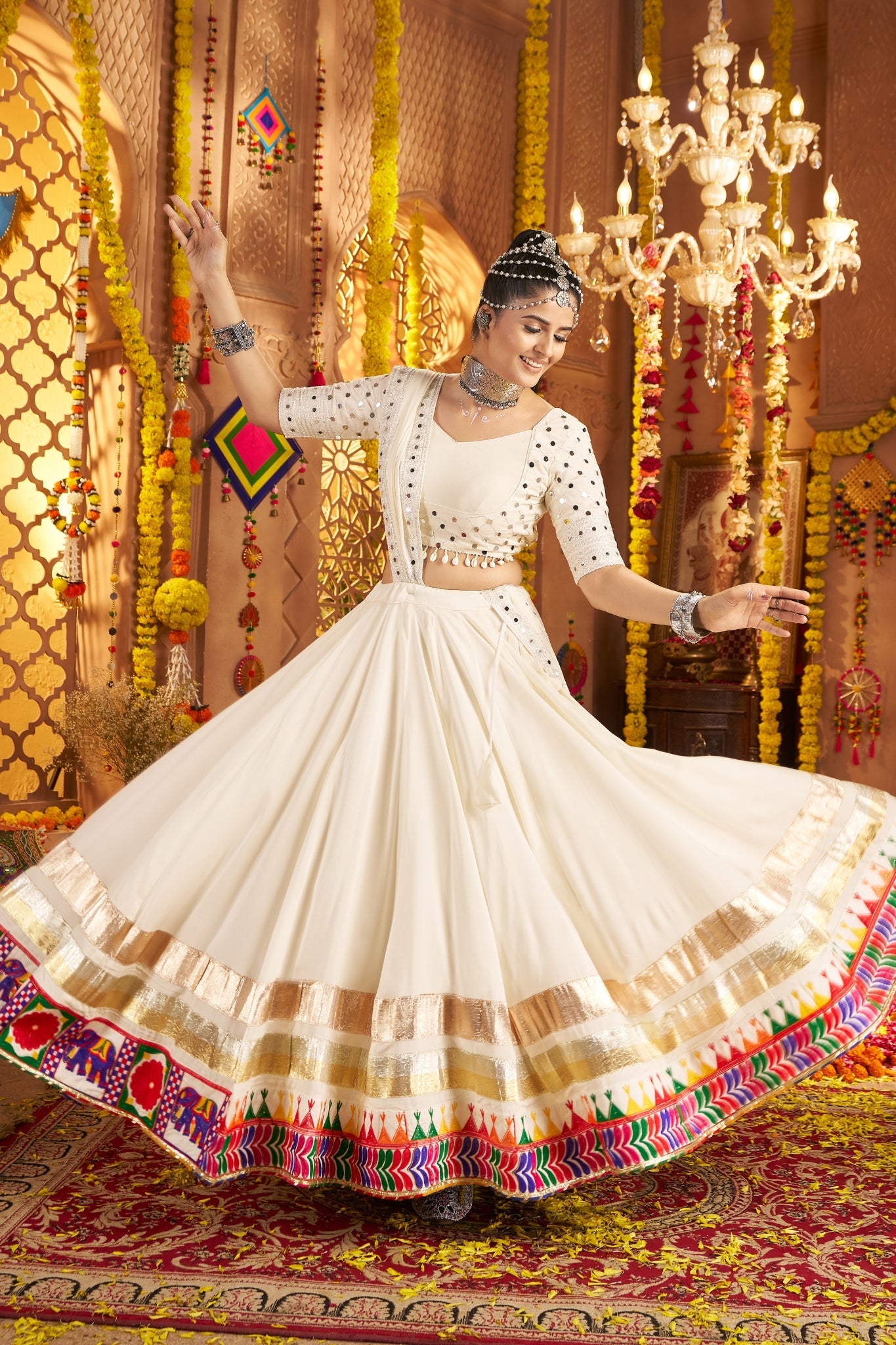 Viscose Rayon Thread Embroidered With Mirror Work Readymade Navratri Lehenga Choli - ETHNICDEAL