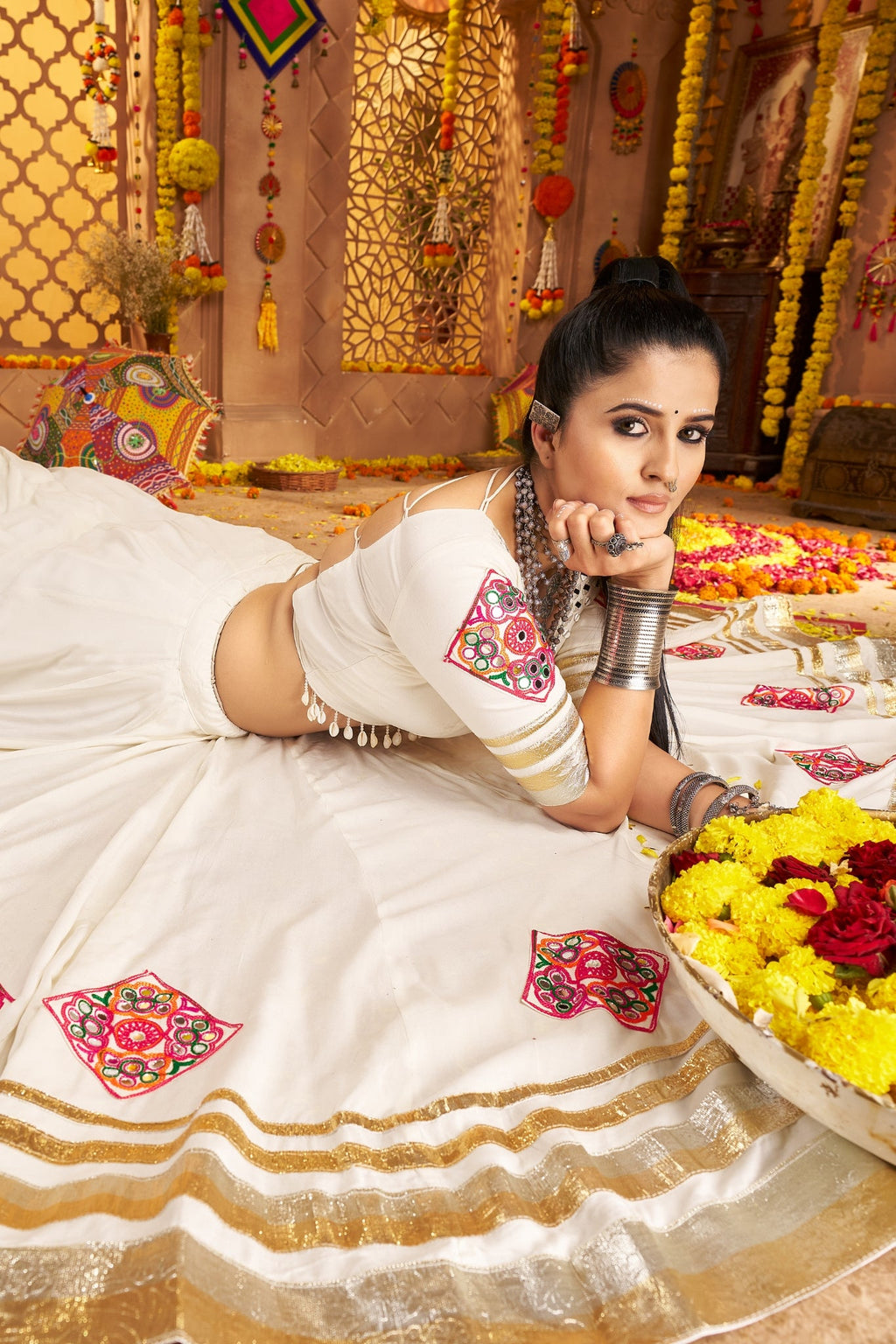White Navratri Stunning Hand Mirror Work With Tread Embroidered Traditional Readymade Lehenga Choli - ETHNICDEAL