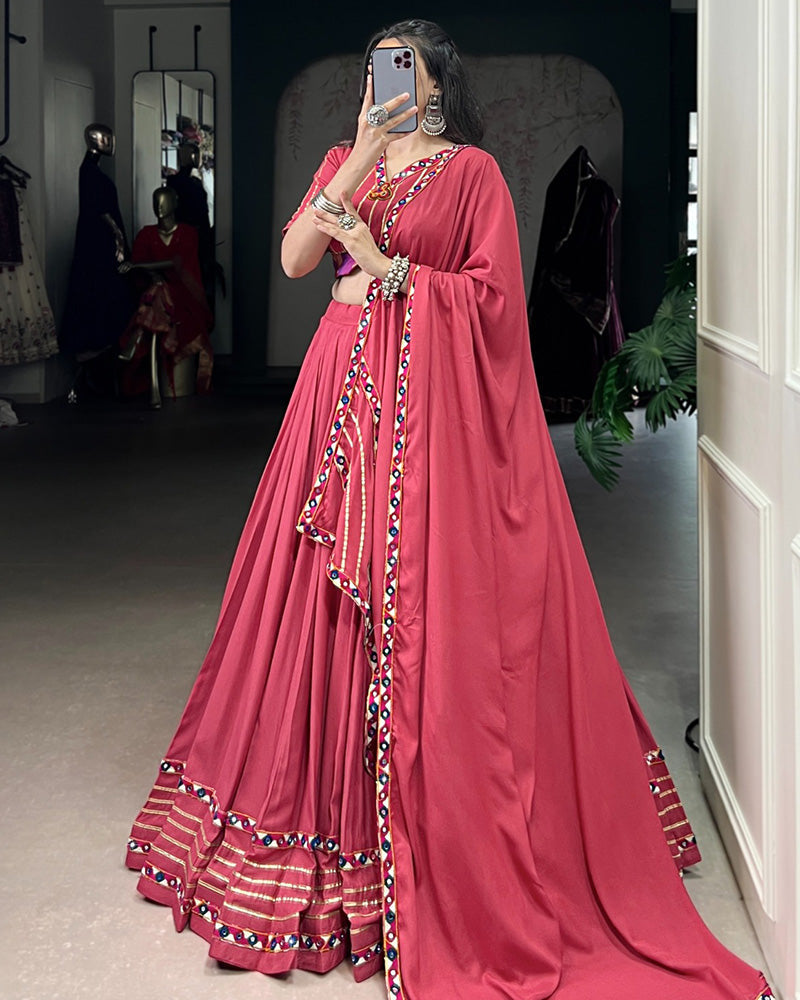 Dark Pink Pure Rayon Navratri Lehenga Choli With Designer Blouse - ETHNICDEAL