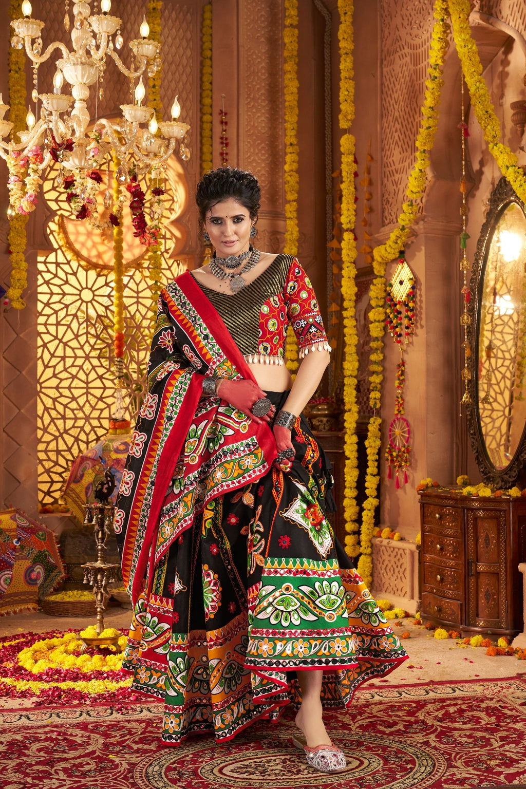 Black Designer Organic Cotton Stylish Navratri Lehenga Choli Set - ETHNICDEAL
