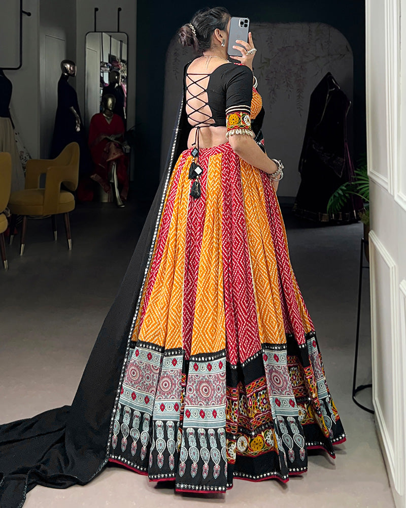 Red And Yellow Bandhej And Ajarakh Print Rayon Navratri Lehenga Choli - ETHNICDEAL