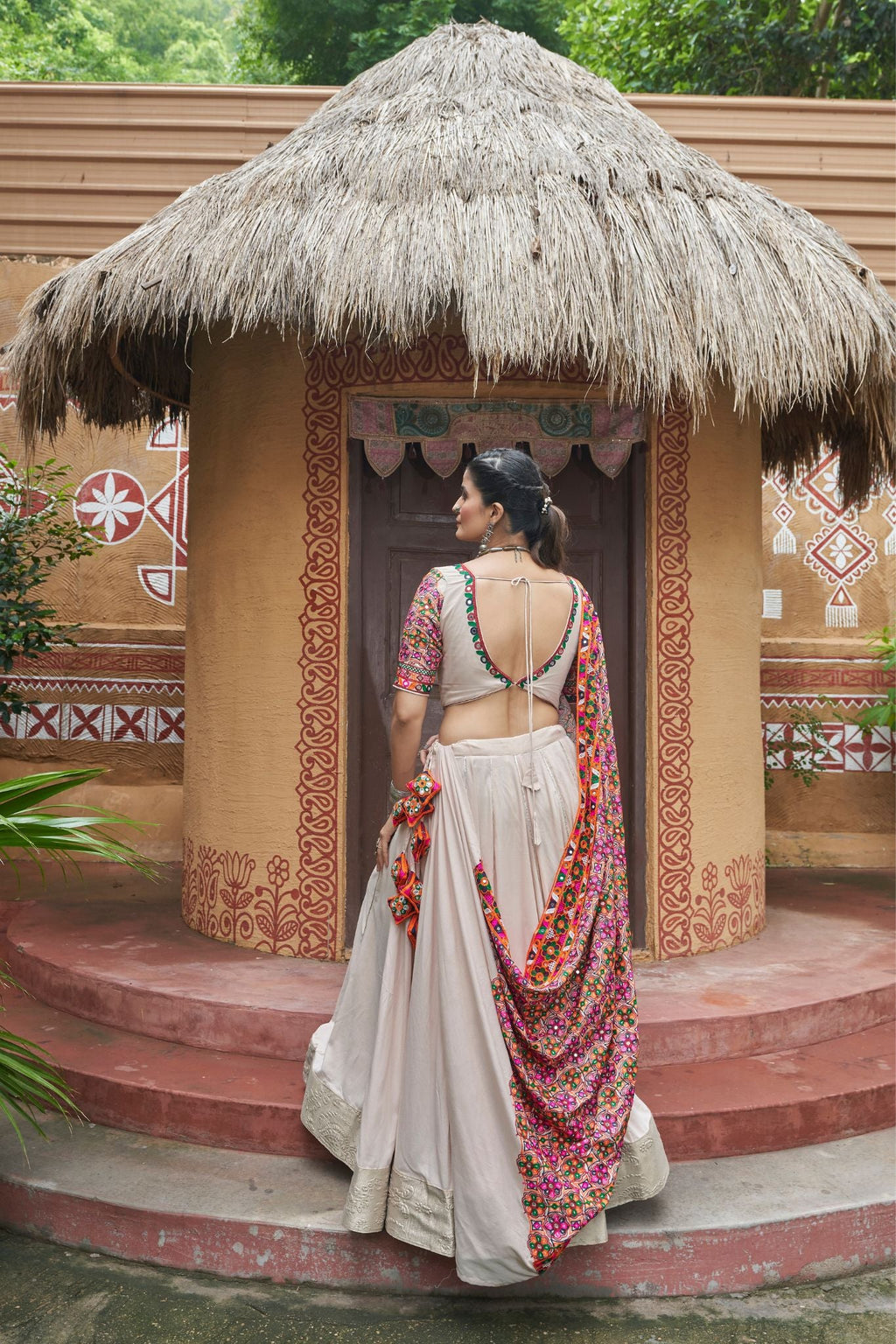 Beige Color Viscose Rayon Navratri Lehenga Choli - ETHNICDEAL