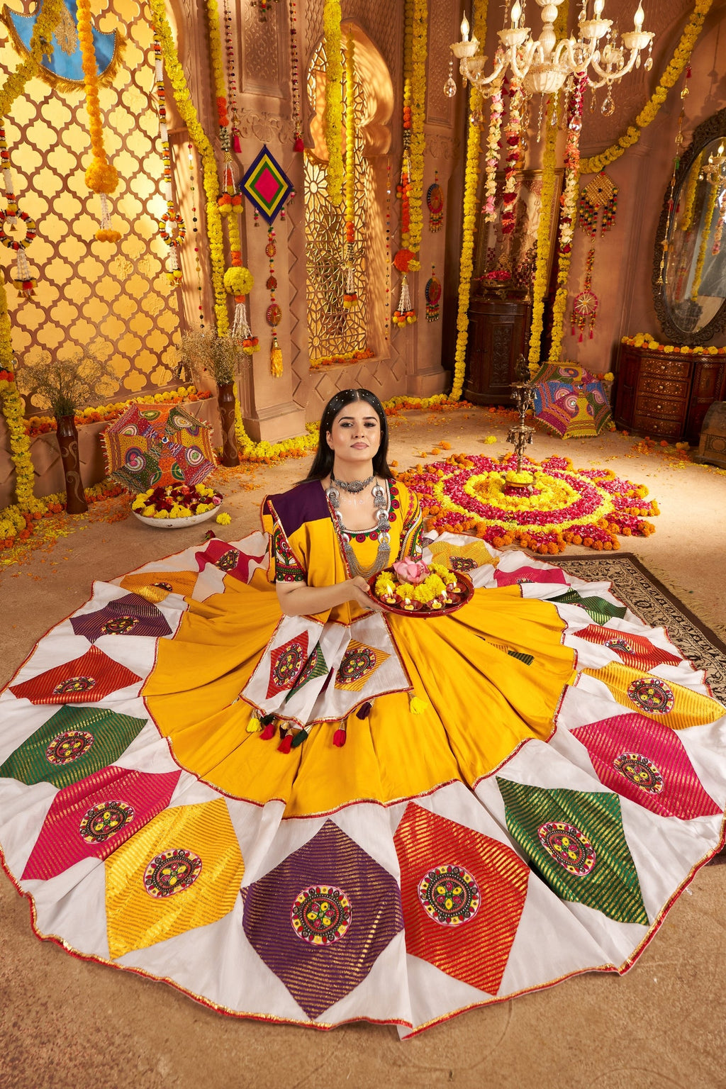 Mustard Yellow Viscose Cotton Traditional Designer Navratri Lehenga Choli - ETHNICDEAL