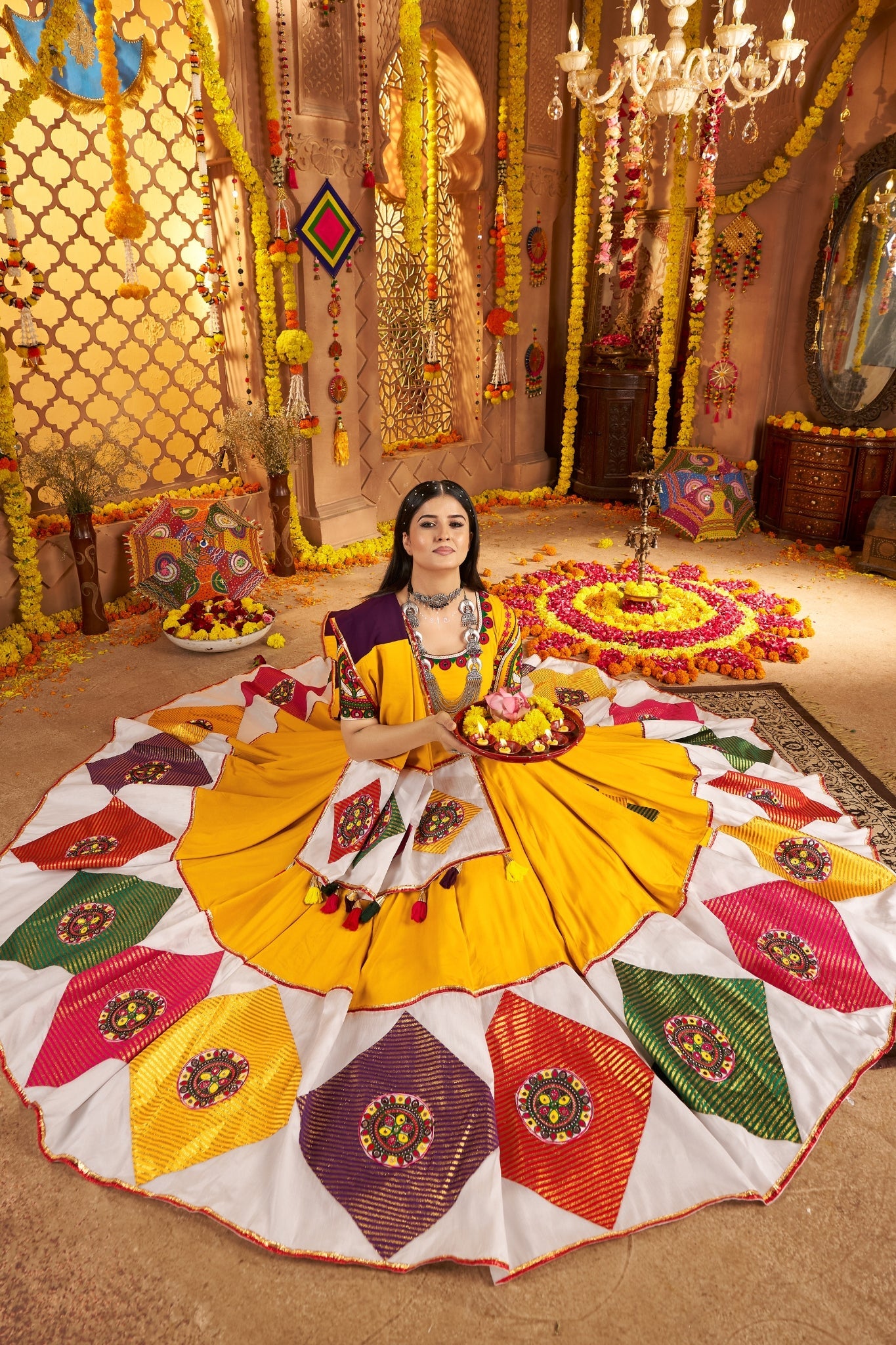 Mustard Yellow Viscose Cotton Traditional Designer Navratri Lehenga Choli - ETHNICDEAL