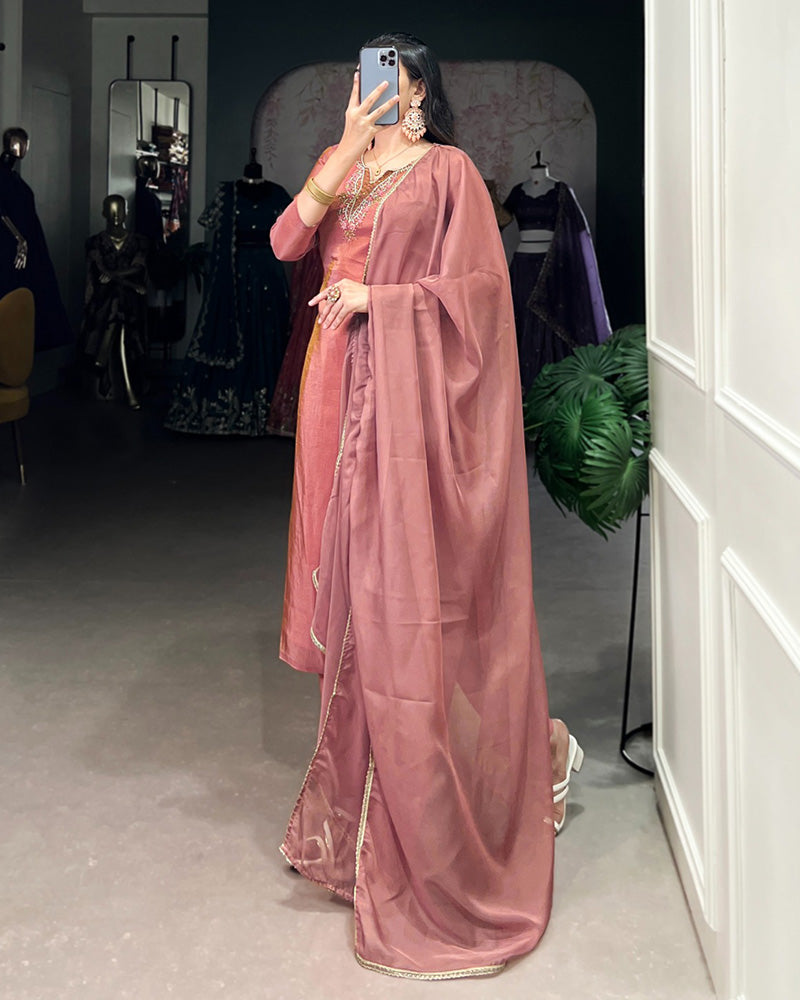 Peach Color Viscose Tissue Three Piece Kurti Suit - ETHNICDEAL