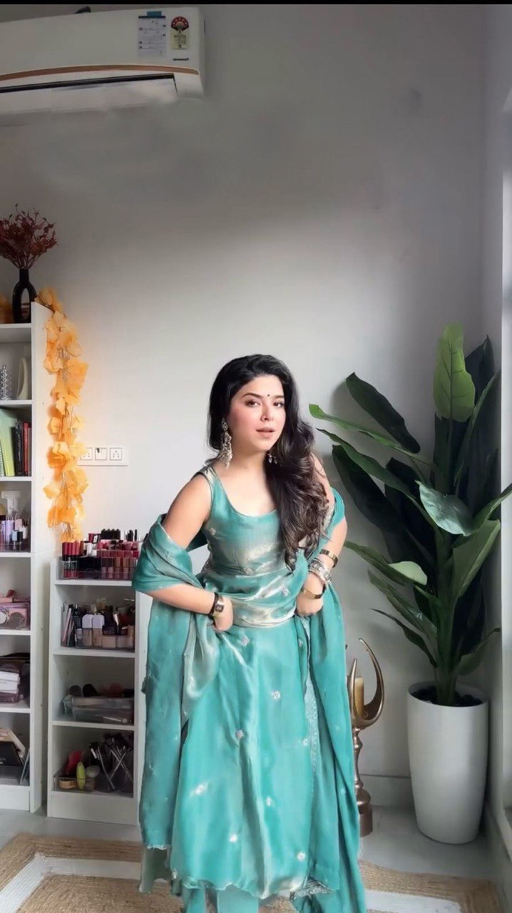 Stylish Cyan Fendy Silk Thread Sequins Worked Anarkali Pant Suit - ETHNICDEAL