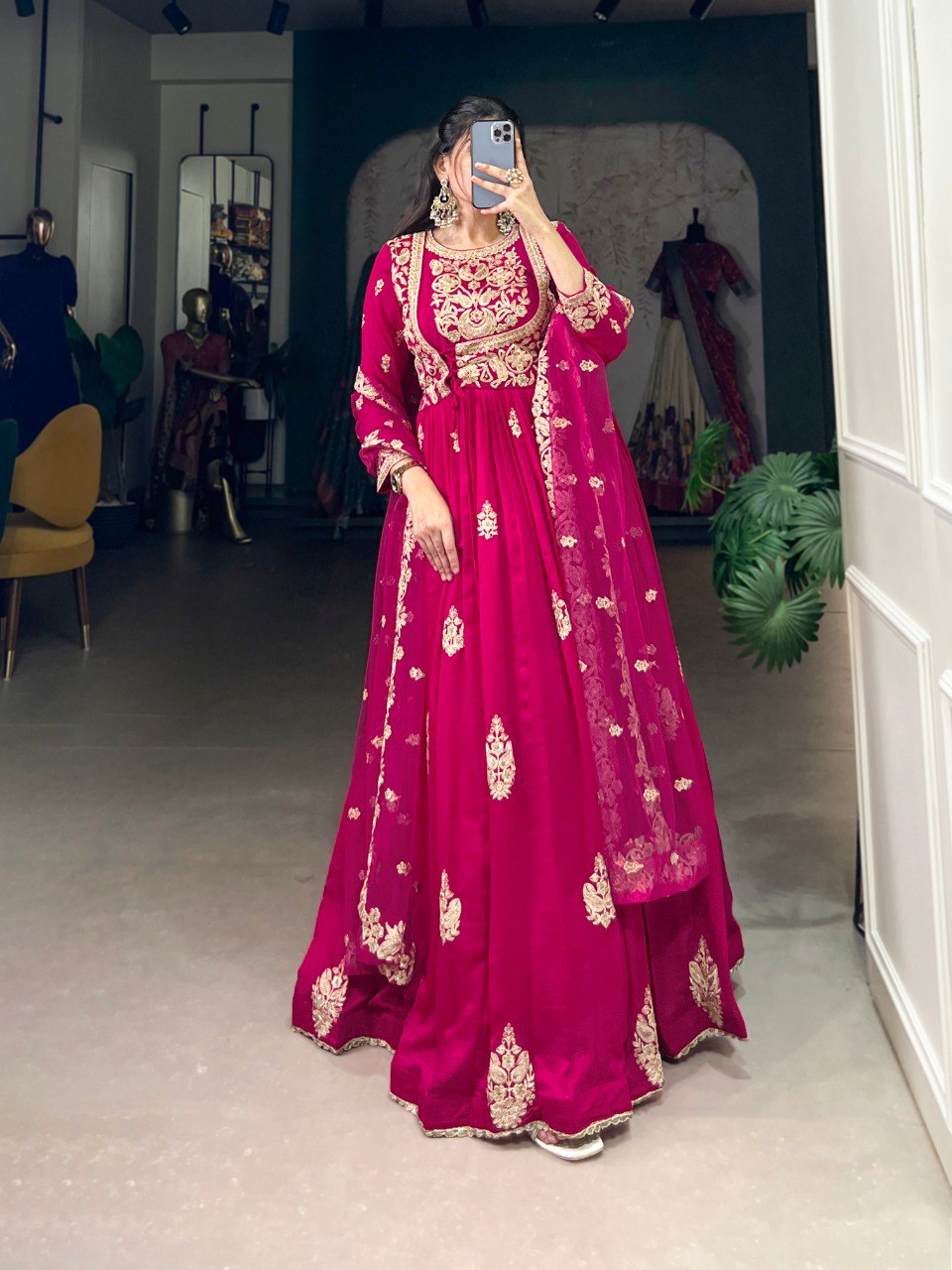 Enchanting Pink Vichitra Silk Thread Embroidered Gown With Dupatta - ETHNICDEAL