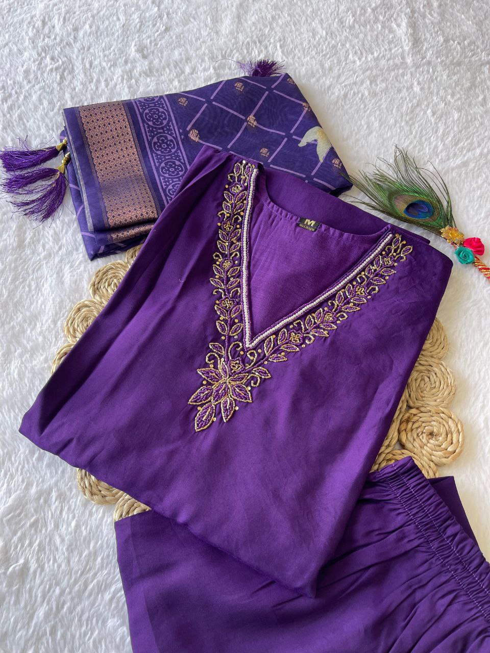 Lovely Purple Roman Silk Handworked Kurta Pant Dupatta Set - Ethnicwish