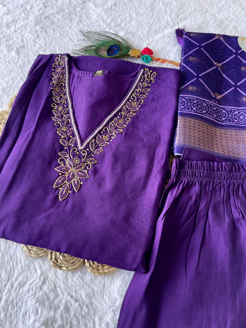 Lovely Purple Roman Silk Handworked Kurta Pant Dupatta Set - Ethnicwish