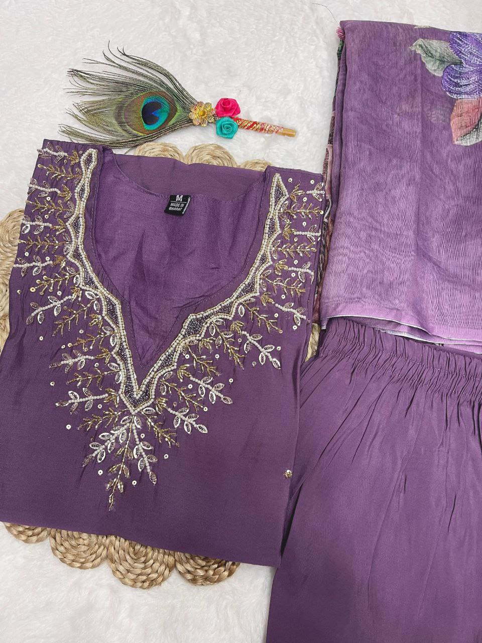 Fabulous Light Purple Roman Silk Handworked Kurta Pant Dupatta Set - Ethnicwish