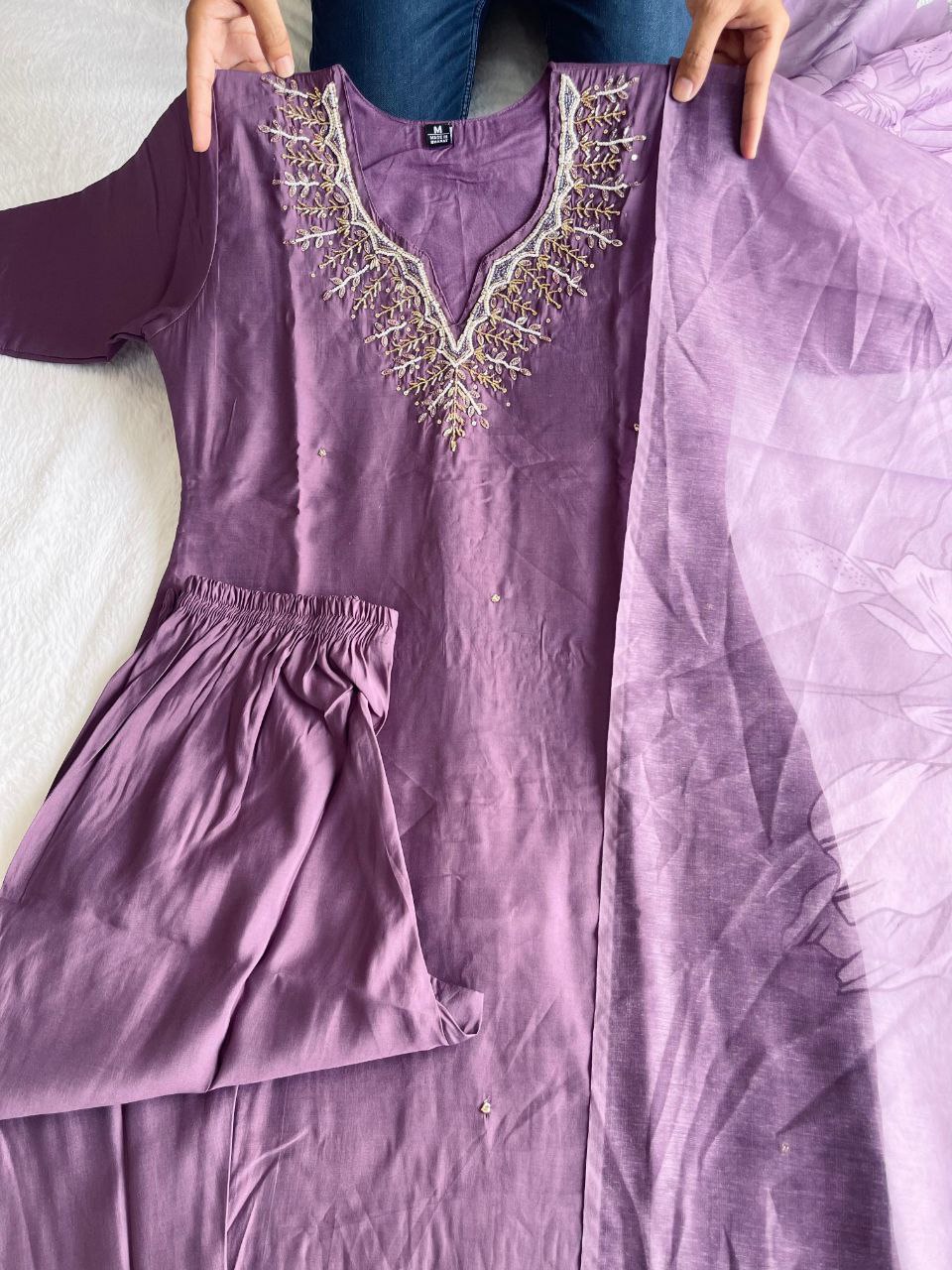 Fabulous Light Purple Roman Silk Handworked Kurta Pant Dupatta Set - Ethnicwish