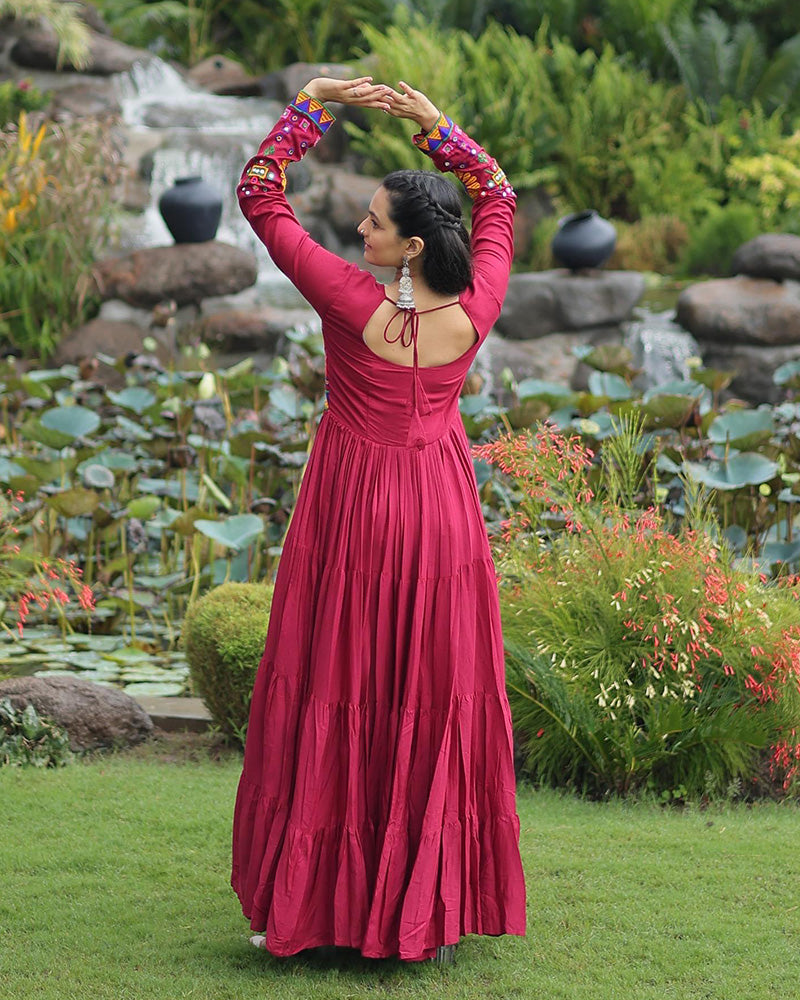 Mesmerizing Maroon Rayon Gamthi Style Navratri Gown for Women - ETHNICDEAL