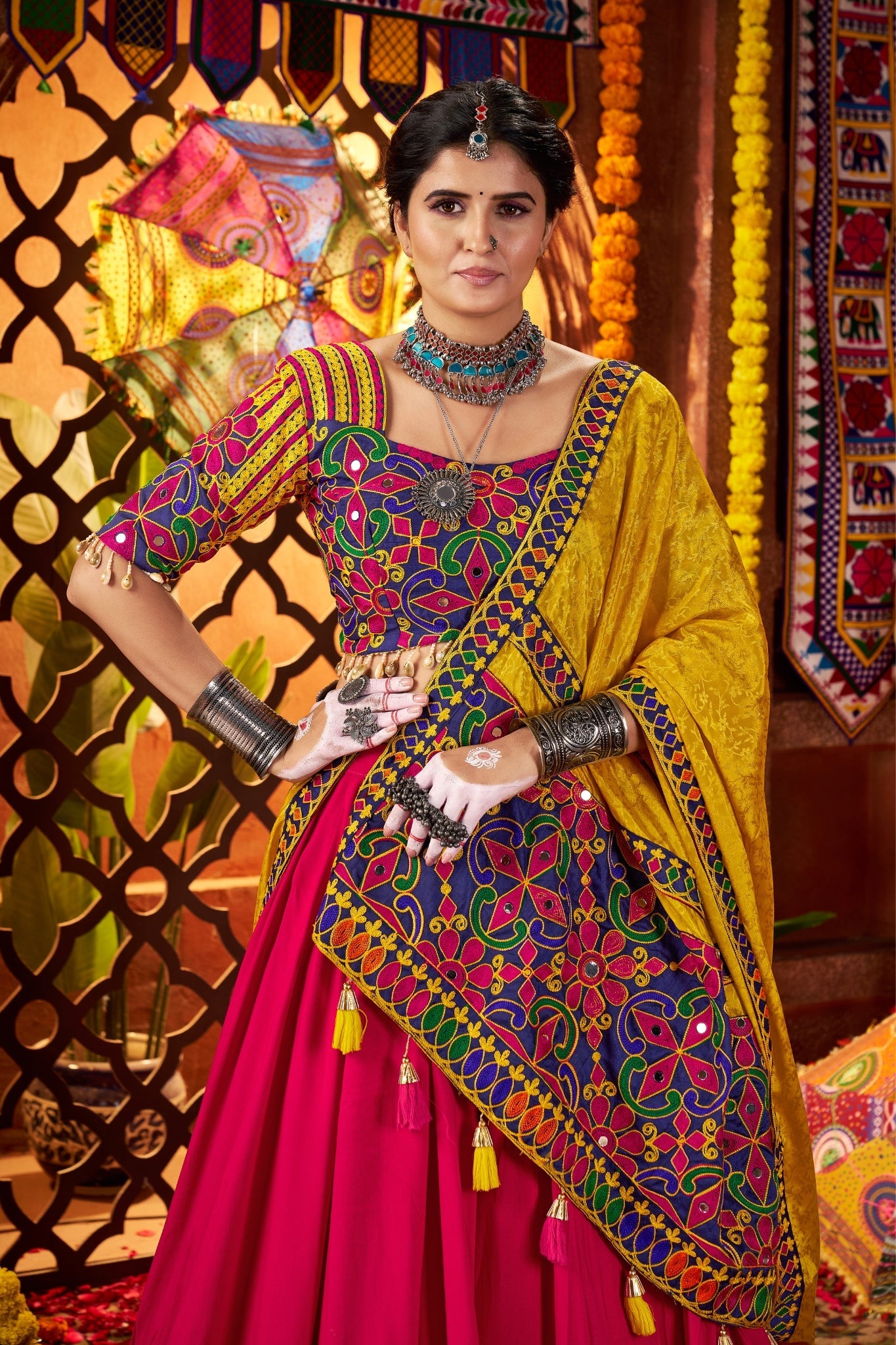 Multi Color Elegant Designer Navratri Stylish Viscose Cotton Lehenga Choli - ETHNICDEAL