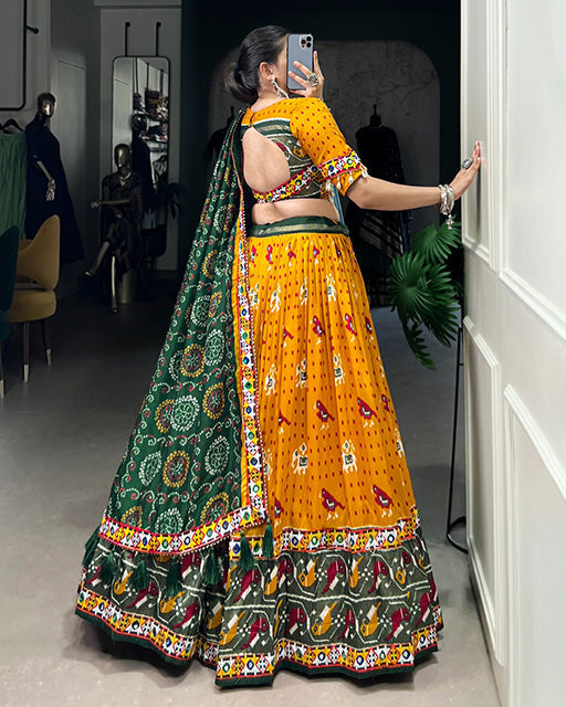 Mustard Color Tussar Silk Patola Printed Navratri Lehenga Choli - ETHNICDEAL