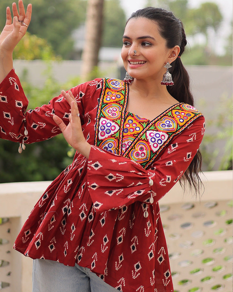 Designer Maroon Cotton Printed Kediya for Navratri Festival - ETHNICDEAL