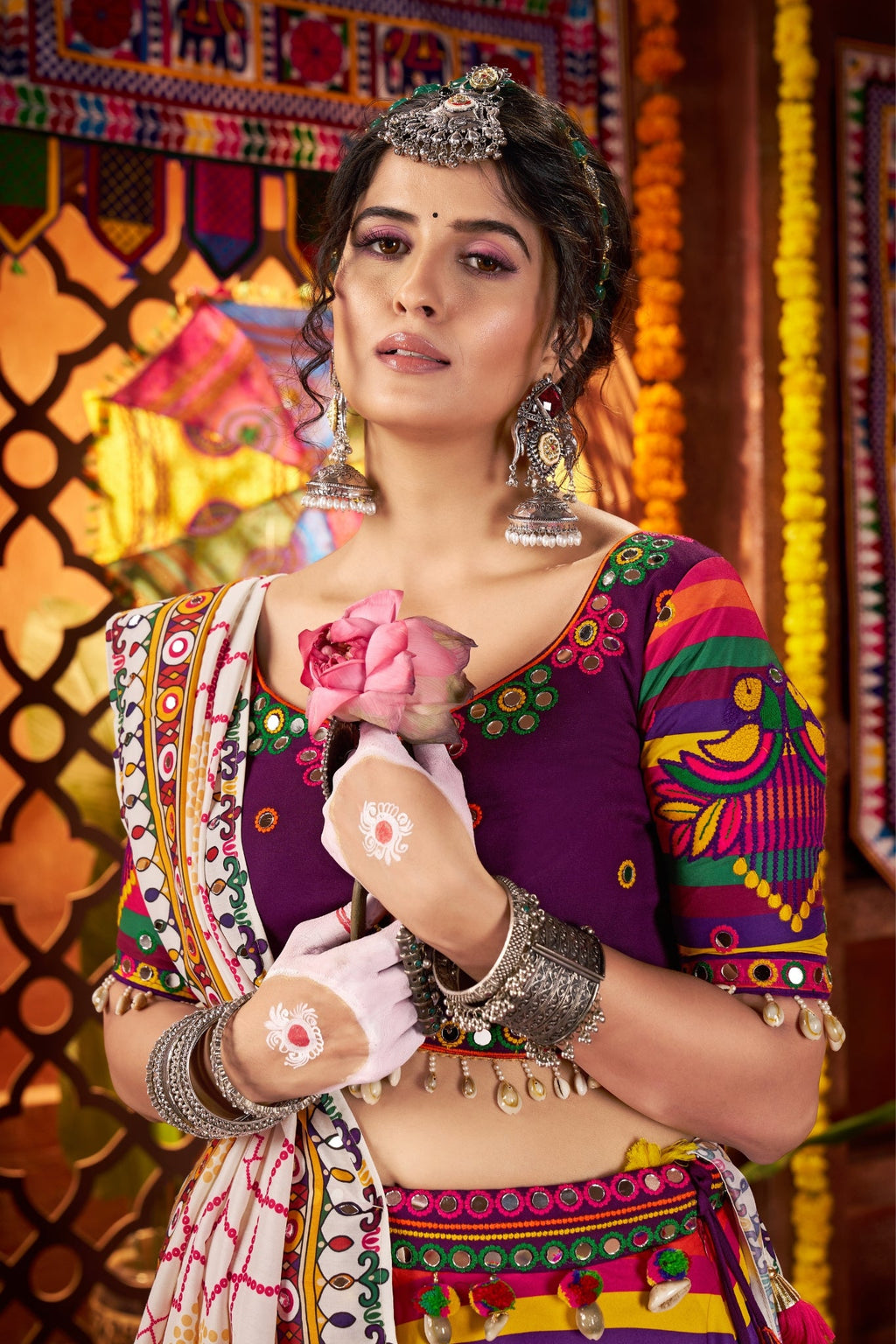 Multi Color Muslin Designer Stunning Print With Mirror Work Navratri Lehenga Choli - ETHNICDEAL