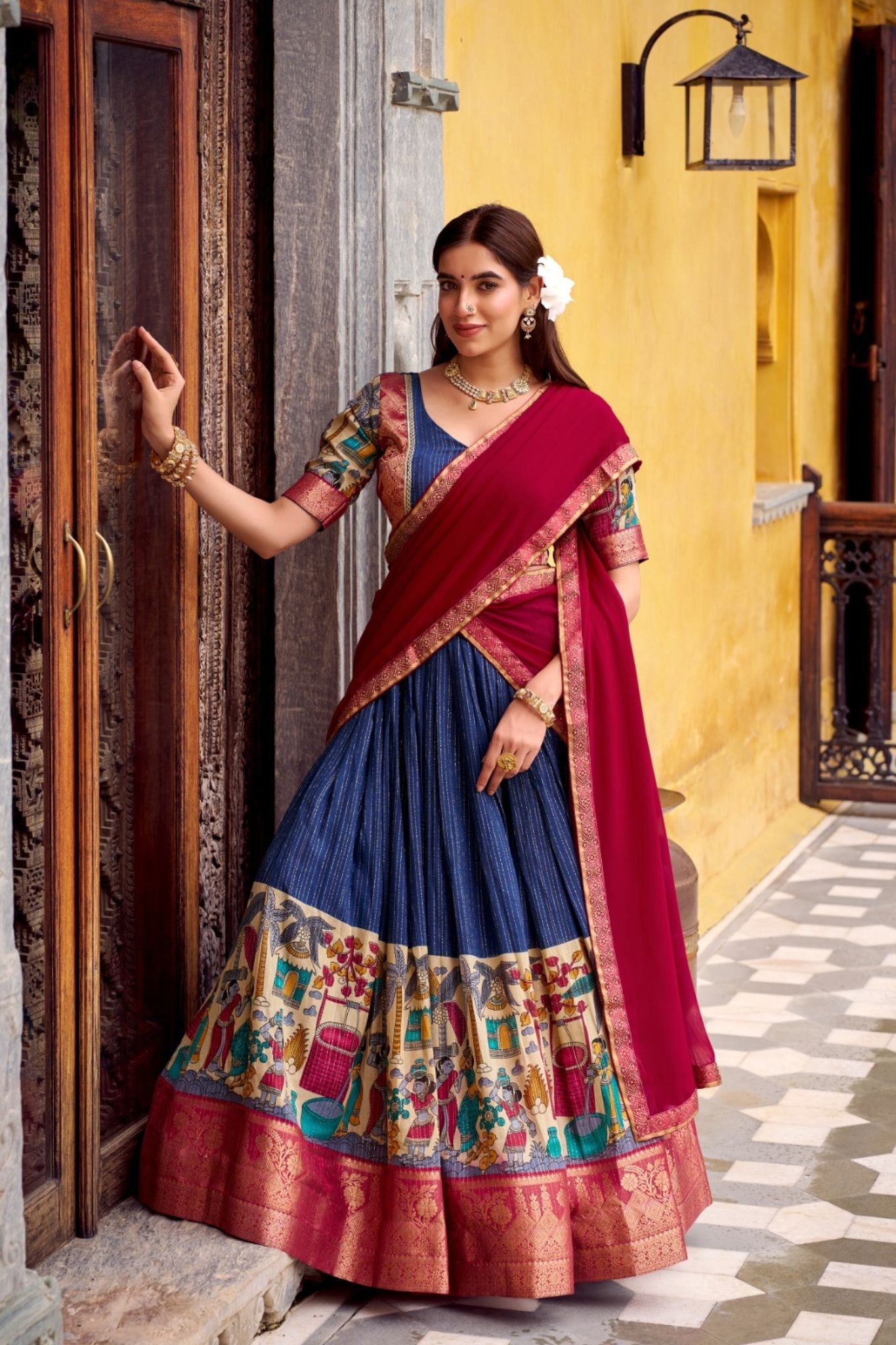 Poly Chanderi Kalamkari Printed Zari Weaving Work Premium Lehenga Choli - ETHNICDEAL