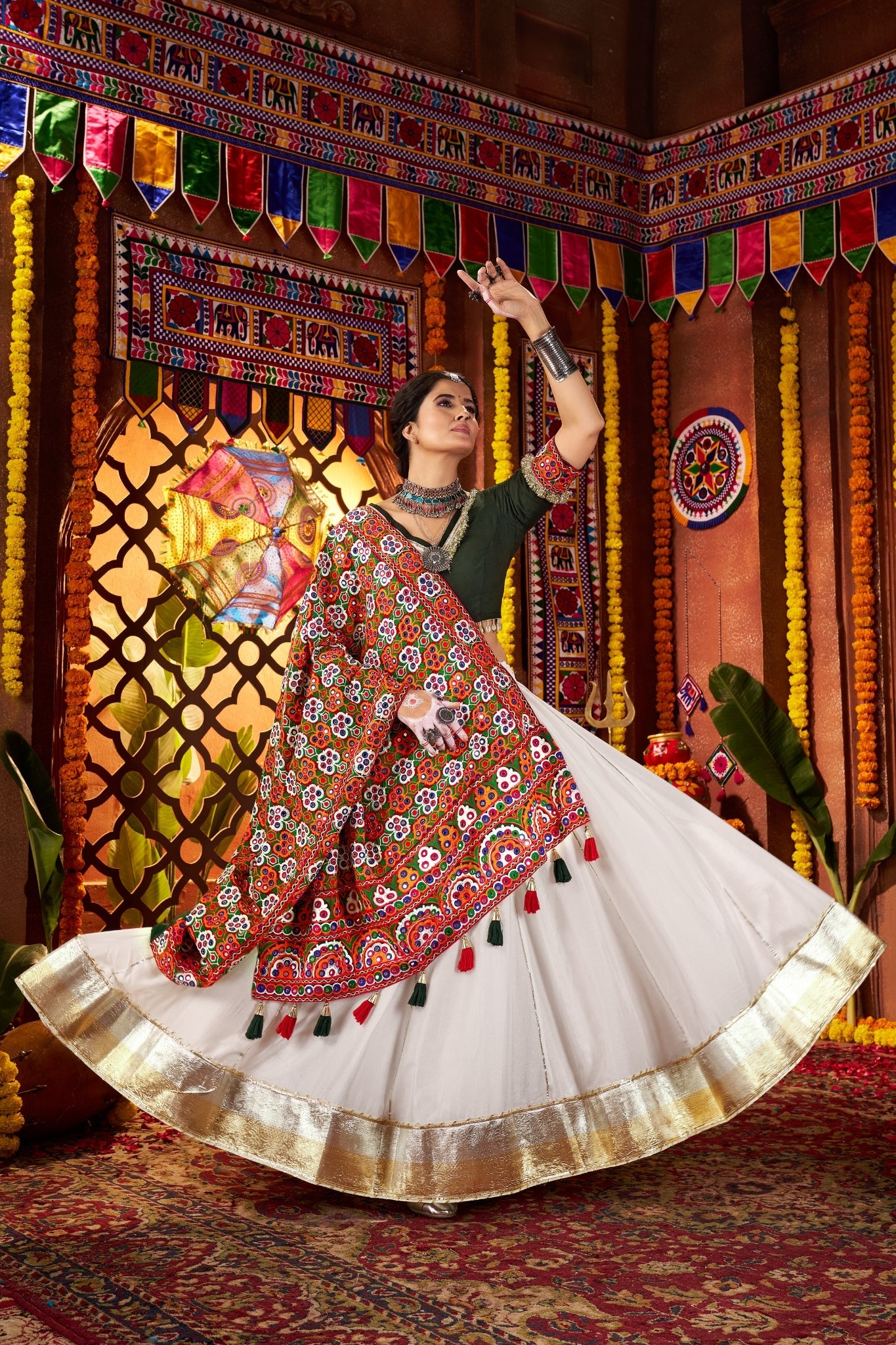 Beautiful White Designer Silk Navratri Special Lehenga Choli Set - ETHNICDEAL