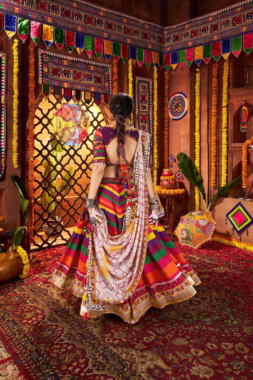 Multi Color Muslin Designer Stunning Print With Mirror Work Navratri Lehenga Choli - ETHNICDEAL
