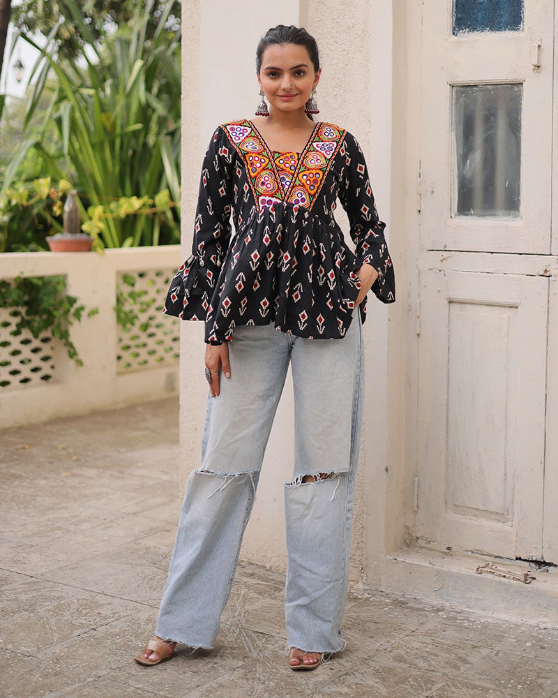 Festive Black Cotton Printed Navratri Kediya for Garba Wear - ETHNICDEAL