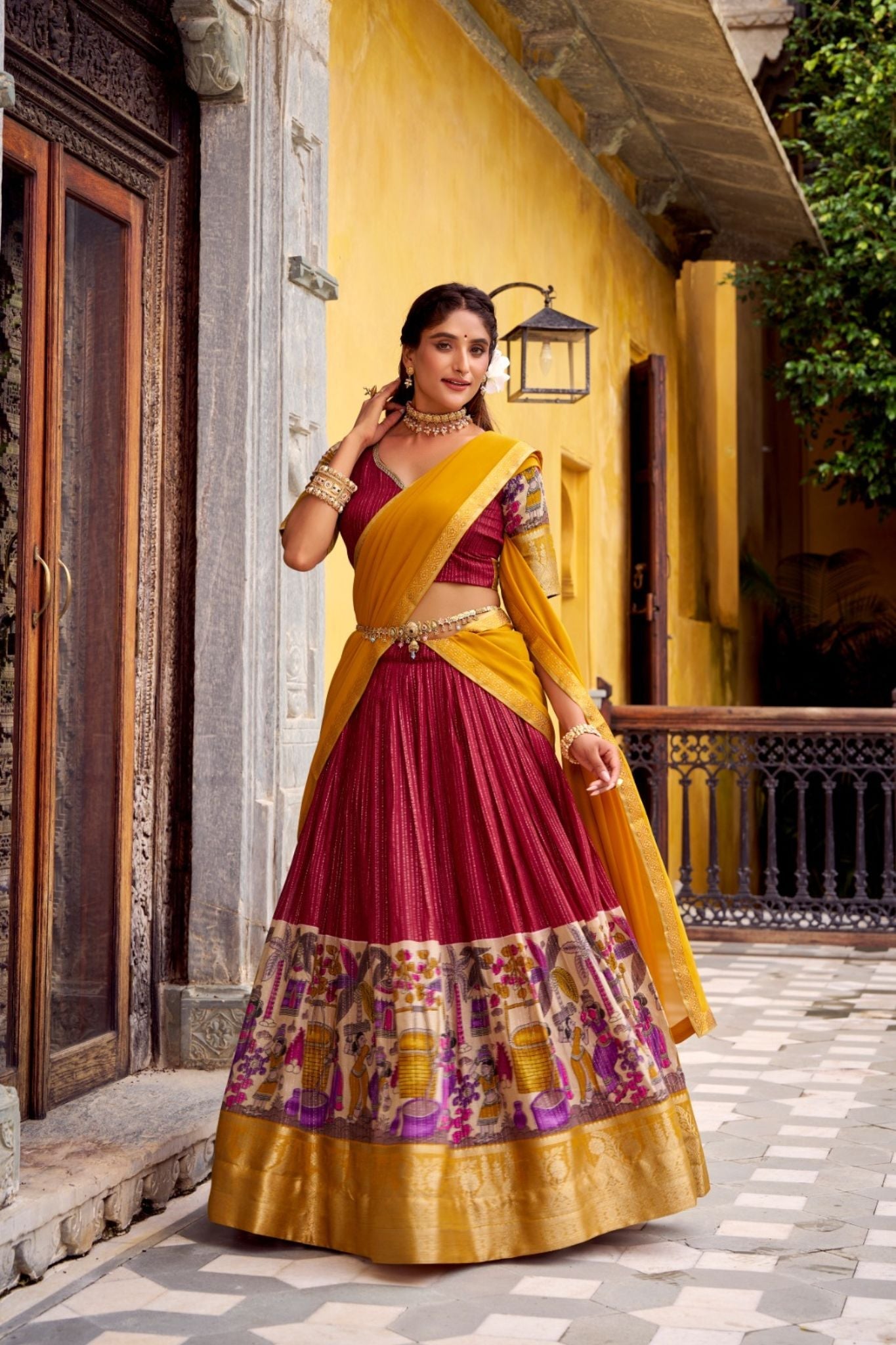 Poly Chanderi Kalamkari Printed Zari Weaving Work Premium Lehenga Choli - ETHNICDEAL