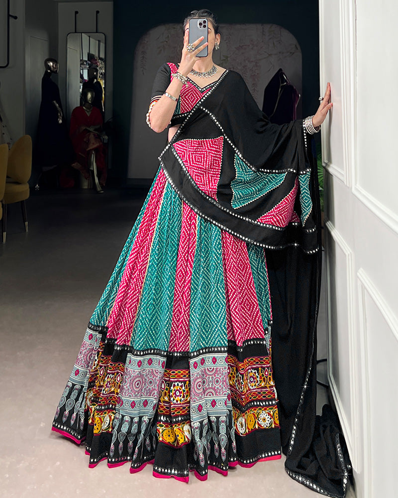 Sky And Pink Bandhej And Ajarakh Print Rayon Navratri Lehenga Choli - ETHNICDEAL