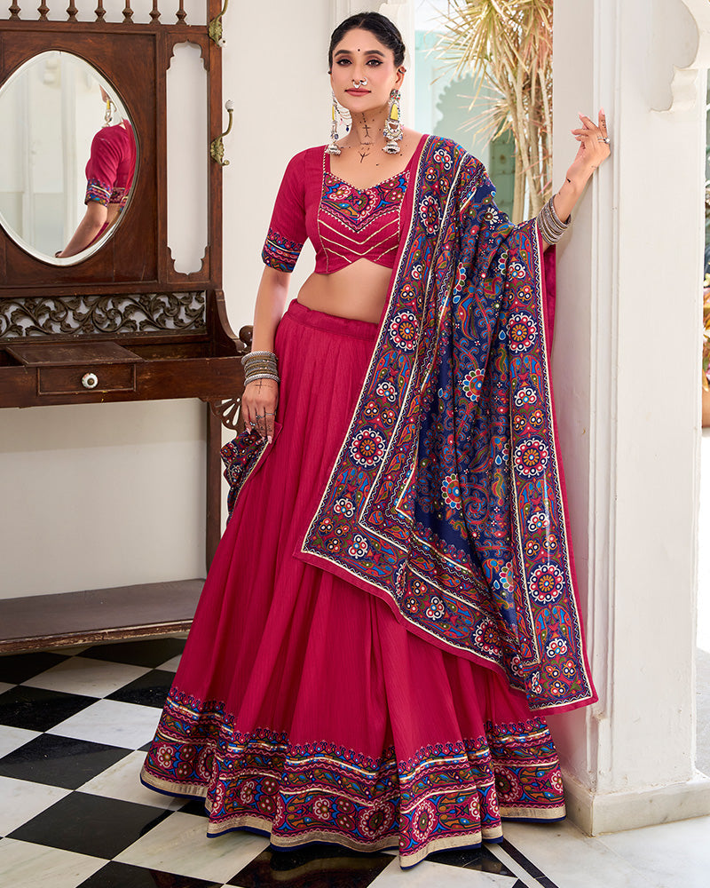 Festive Pink Tussar Silk Full Stitched Lehenga Choli for Garba and Navratri - ETHNICDEAL