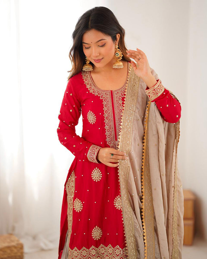 Red Color Chinon Silk Embroidered Sharara Suit - ETHNICDEAL