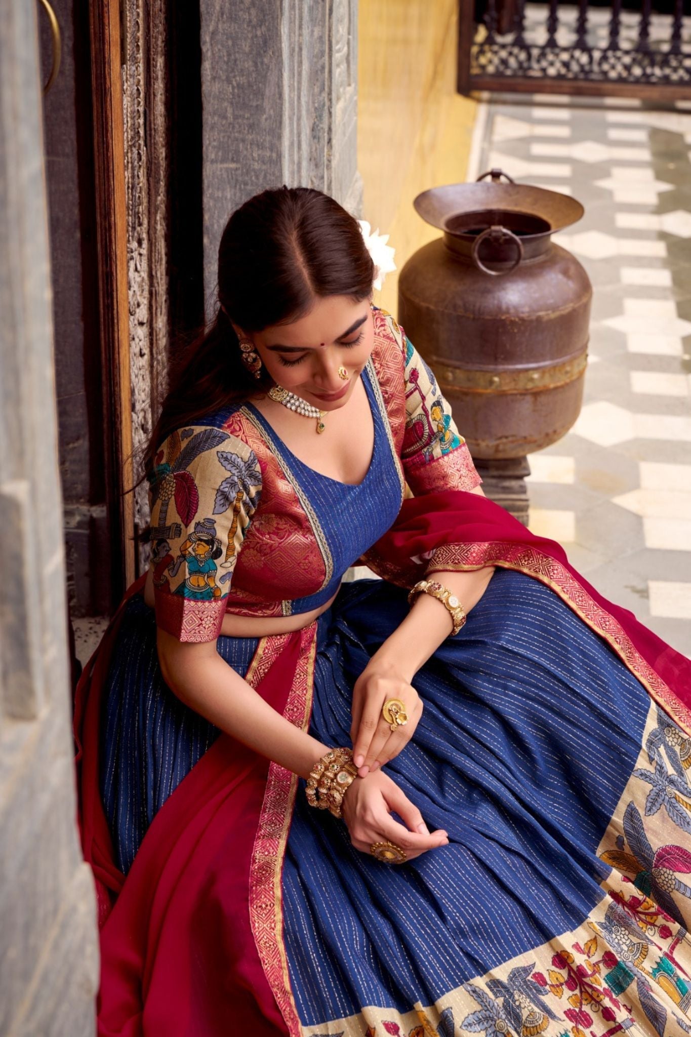 Poly Chanderi Kalamkari Printed Zari Weaving Work Premium Lehenga Choli - ETHNICDEAL