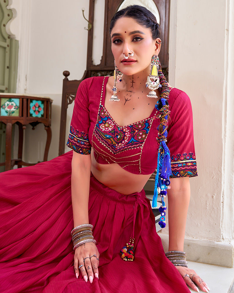 Festive Pink Tussar Silk Full Stitched Lehenga Choli for Garba and Navratri - ETHNICDEAL