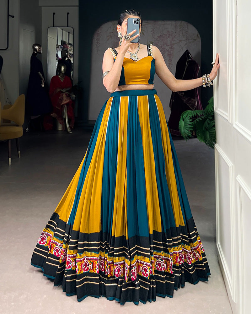 Mustard Color Pure Rayon Navratri Lehenga With Black Choli - ETHNICDEAL