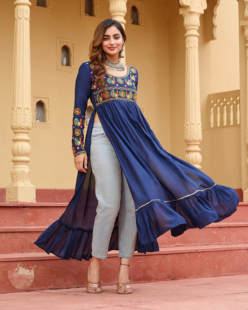 Blue Pure Rayon Embroidered Kurti for Navratri and Garba Wear - ETHNICDEAL