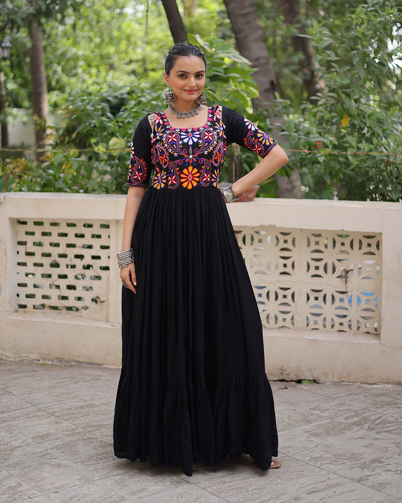 Black Rayon Kutchi Gamthi Embroidered Navratri Gown for Women - ETHNICDEAL