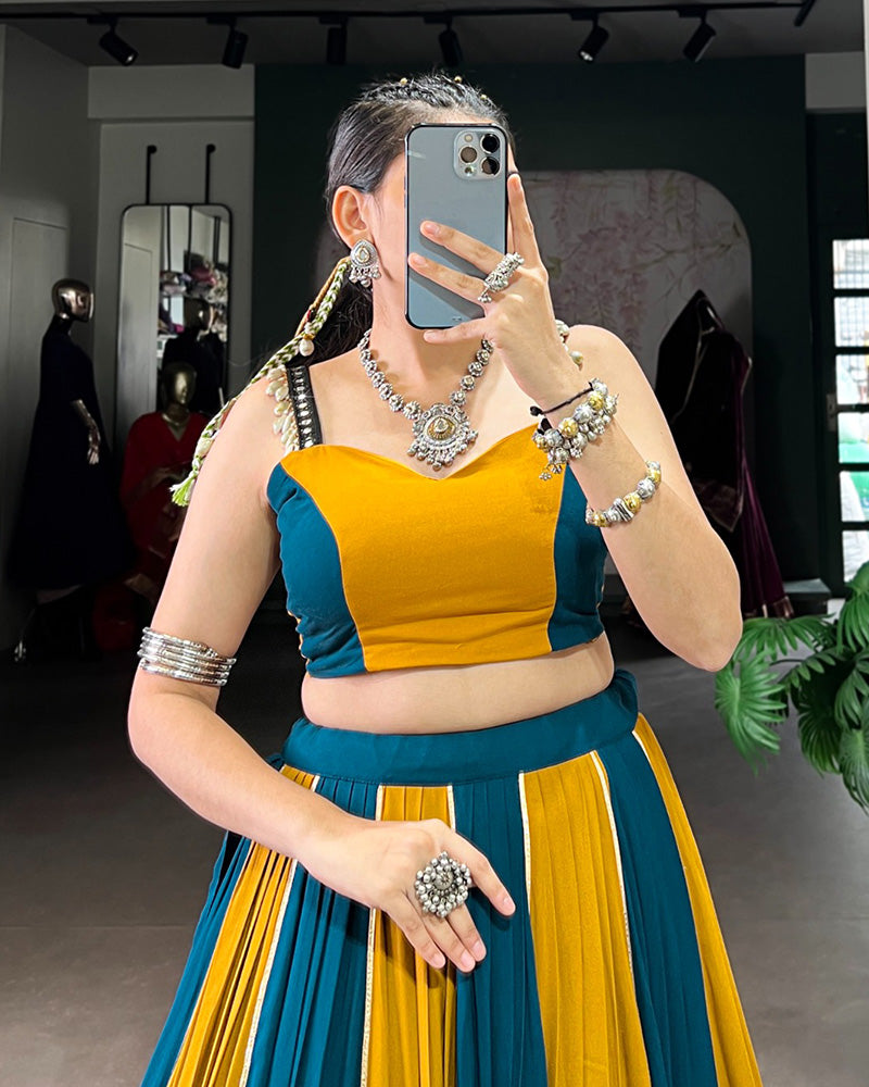 Mustard Color Pure Rayon Navratri Lehenga With Black Choli - ETHNICDEAL